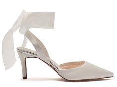 Fun, feminine and rather fabulous, our wedding shoes are a playful new design in our latest collection. These statement bridal shoes are crafted from luxurious ivory satin with a silver leather trim, and have a pointed toe, a slingback strap finished with a romantic chiffon ribbon bow and a manageable but sleek stiletto heel. Brides with shorter wedding dresses will love this stylish wedding shoe - it's an impactful, unforgettable style. Also boasting the unique Bliss Cushion Comfort in blush pi Red Wedding Shoes, Beautiful Wedding Shoes, Chiffon Bow, Chiffon Ribbon, Bow Wedding, Club Shoes, Bridal Sandals, Bridal Heels, Wedding Shoes Heels