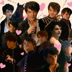 collage of photos with hearts and the same man in black outfit holding a horse