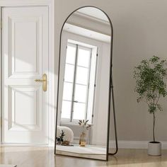 a large mirror sitting on top of a wooden floor next to a potted plant