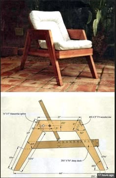 the plans for an outdoor chair are shown in two different views, one is made from wood