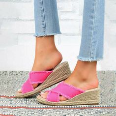 Upper Material: LinenLining Material: FabricSole Material: RubberHeel Type: Wedge HeelHeel Height: Med (3cm-5cm)Toe Type: Round ToeClosure Type: Slip-OnPattern Type: Solid ColorDecoration: FringeSeason: Spring. Summer Wedge Slippers, Urban Trends, Casual Wedges, Long Denim Skirt, Printed Casual Dresses, Blouse Material, Black Sand, 2000s Fashion, Casual Blouse