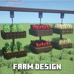 several different types of plants in crates on a field with the words farm design above them