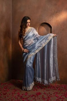 Sareeblouse005 Saree Styles For Teachers Day, Blue Tissue Saree, Farewell Sarees School, Wedding Guest Saree, Organza Saree Blouse Designs, Tissue Organza Saree, Luxury Saree, Farewell Sarees, Maharani Designer Boutique