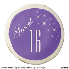 the sweet sixteen birthday cake is decorated with purple icing and sparkles on it