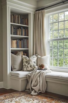 Fall reading nook tucked into a built-in bookcase with a hidden door leading to a secret room Nook Inspiration, Cozy Ideas, Fall Reading, Home Libraries, Cozy Autumn, Updating House, Window Seat, Reading Nook, Fall Home Decor