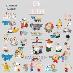 the family guy stickers are shown in various sizes and colors, including one for each character