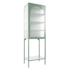 a green metal and glass cabinet with shelves on the bottom, against a white background