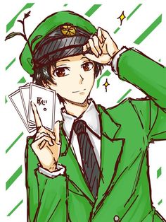 a drawing of a man in a green suit and hat holding cards with both hands