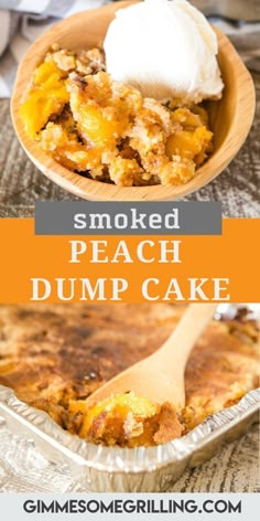 a bowl filled with peach dump cake next to a wooden spoon and some whipped cream on top