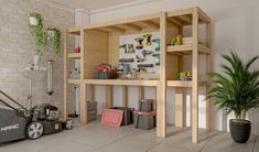 a room filled with lots of different types of tools and accessories on shelves next to a potted plant