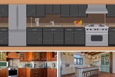 an image of a kitchen with wood floors and cabinets in it's design process