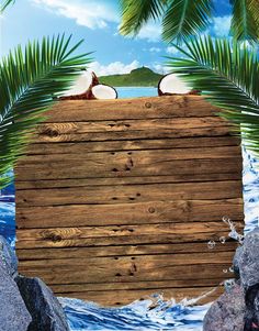 a wooden sign with coconuts on it in the middle of some rocks and water