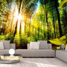 the sun shines brightly through the trees in this living room wall mural, which features a couch and coffee table