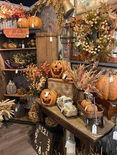 an assortment of pumpkins on display in a store