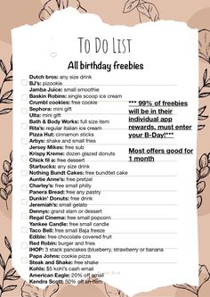 Birthday Freebies Stuff To Do At A Bday Party, How To Have A Fun Birthday Party, Free Items To Get On Your Birthday, What To Do At A Sweet Sixteen Party, How To Get Birthday Freebies, Stuff To Add To Your Birthday List, 17 Birthday Activities