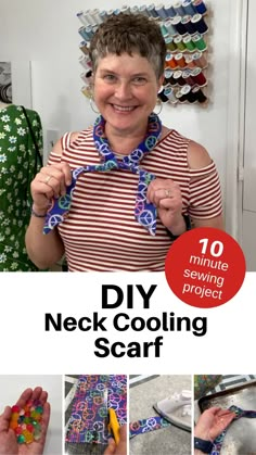 a woman is holding up some crafting items with her hands and the words diy neck cooling scarf on it