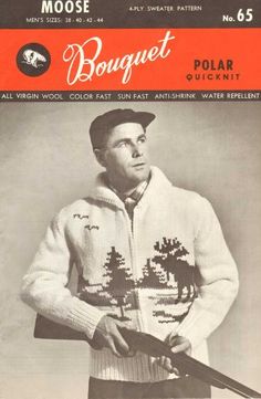 Mary Maxim - Men's Polar Sweater - Moose Patron Vintage, Latch Hook Rug Kits, Mary Maxim, Knitting Needles Sizes, Vintage Cardigan, Paper Pattern, Cardigan Pattern, Sweater Knitting Patterns, Vintage Knitting