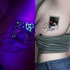 a woman with a tattoo on her stomach and an image of a hand holding a star