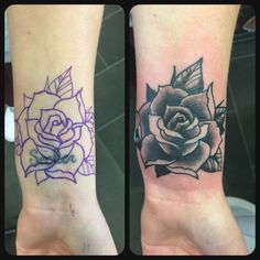 two different tattoos on both wrist and foot, one with a rose in the middle