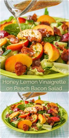 a salad with peaches and bacon is being drizzled on the side