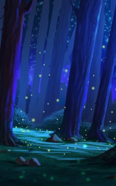 a forest filled with lots of trees covered in fireflies