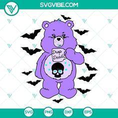 a purple teddy bear holding a donut with bats around it and the words drop dead on