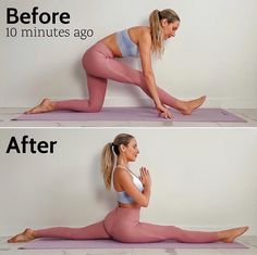 a woman in pink pants doing yoga on a purple mat with the words, before and after 10 minutes ago