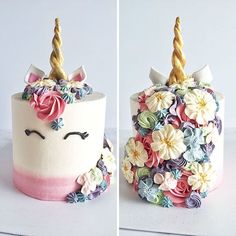 two pictures of a cake decorated with flowers and unicorn ears