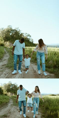 a family walking down a dirt road in the middle of two different pictures, one is holding