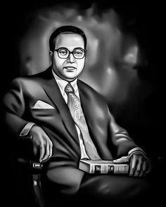 a black and white drawing of a man in a suit with glasses sitting on a chair