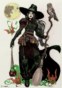 a drawing of a witch holding a broom and an owl on top of her head