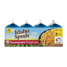 idaho spuds hashbrown potatoes are packaged in three packages and ready to be eaten