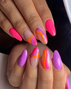 Melisa | Uñas esculpidas (@melisanails_) • Instagram photos and videos 2 Nail Art Design, Almond Nails Designs Orange And Pink, Purple Orange Aura Nails, Pink And Orange Swirl Nails Almond, Summer Orange Nails 2024, Pink And Orange Airbrush Nails, Two Color Nails, Purple And Pink Nails, Hello Nails