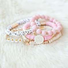 Made for mom, our Monogrammed Mama Bracelet-stack is a beautiful addition to mom's jewelry box. This monogrammed disc five-bracelet set features several types of beading, including brass and flat white, gold and blush-colored beads. Mix and match the position of each stretch bracelet on your wrist for a unique, one-of-a-kind look.Our Mama bracelet stack can also be mixed and matched with other stunning monogrammed bracelet and jewelry styles. Don’t miss our monogrammed necklaces, monogramm Bracelets For Mom, Mama Bracelet, Monogram Earrings, Monogram Bracelet, Jewelry Styles, Moms Bracelet, Flat White, Mom Jewelry, Stackable Bracelets