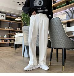 Loose Solid Colors Casual Office Long Men Pants – Nada Outfit Land Casual White Dress Pants With Pockets, Casual White Full Length Dress Pants, White Full-length Dress Pants With Pockets, Casual White Wide Leg Dress Pants, Pants Collection, Fairy Dresses, Men's Outfits, Coachella Valley, Men Pants