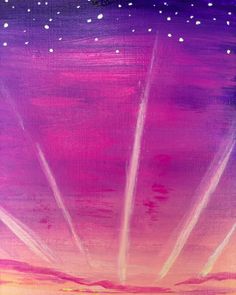 an oil painting of the sun setting over water with jets flying in the sky above it