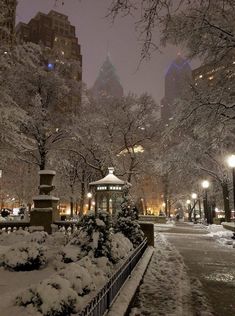 the snow covered park is lit up by street lamps and buildings in the city at night