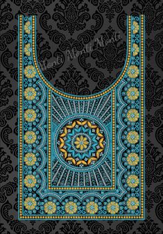 an ornate blue and yellow design on a black background with paisley ornament pattern