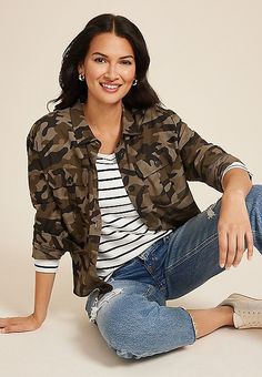 Cozy Ribbed Snap Cuff V Neck Long Sleeve Tee | maurices Camo Top, Camo Shirts, Roll Up Sleeves, Button Up Shirt, Style Guides