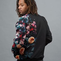 Vintage Flowers Bomber Jacket — Fresh Hoods Spring Floral Print Streetwear Outerwear, Floral Print Long Sleeve Outerwear For Streetwear, Fresh Hoods, Black Rib, Graphic Artist, Bright Orange, Dye Sublimation, Vintage Flowers, The Vintage