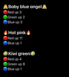 the menu for baby blue angel's red up 3 green up 2 hot pink red up