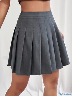 Orcajump - Solid Pleated Aline Skirt, Preppy Skirt For Spring & Fall, Women's Clothing Non-stretch Solid Mini Skirt, Non-stretch Pleated Mini Skirt, Non-stretch Pleated Skort, Gray Pleated Mini Skirt For Spring, Non-stretch Lined Mini Pleated Skirt, Gray Mini Skirt For Summer, Non-stretch Mini Tennis Skirt, Gray High Waist Pleated Mini Skirt, Non-stretch Short Pleated Skirt