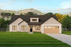 a rendering of a house in the middle of a green field with mountains in the background