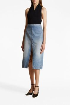 Discover modern elegance with the Khaite Fraser Skirt from Bernardelli Stores. Embrace sophistication with this keyword-rich and versatile piece. Don't wait! Shop now and upgrade your wardrobe with a touch of modernity. 👗✨ #KhaiteFashion #FraserSkirt #WomensFashion #ShopNow #ModernElegance Catherine Holstein, 90s Glamour, Denim Skirts Online, Midi Denim Skirt, Lip Print, Midi Denim, Designer Denim, Slip Dresses, Denim Skirts