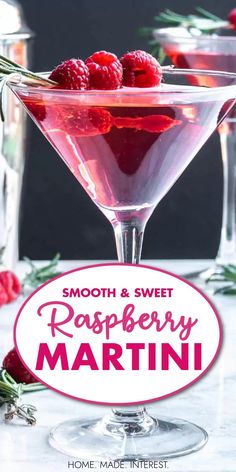 raspberry martini in a glass with the words smooth & sweet raspberry martini