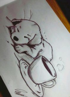 a drawing of a bear sitting on top of a toilet with a cup in its mouth