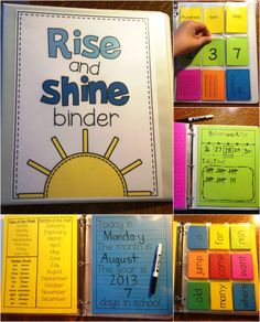 a bunch of books that are next to each other on a shelf with the words rise and shine binder