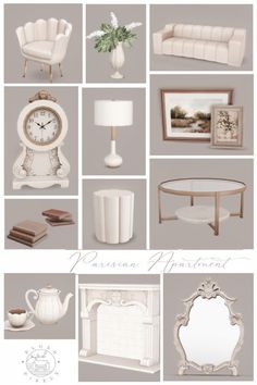 a collage of white furniture and accessories