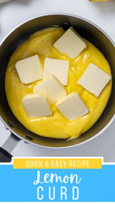 a pan filled with lemon curd next to some sliced up cheese on top of it