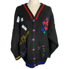 "Vintage Embroidered Cardigan Sweater XL Black Knit Buttons V Neck Pockets Games Brand: A'Milano Measurements: Chest: 24\" underarm to underarm Sleeve length: 20\" Length: 26\" from shoulder to hem Pre-owned No size or fabric tags" 80s Sweater Outfit, 80s Cardigan, Knit V Neck, Color Block Jacket, Embroidered Cardigan, Vintage Cardigan, Fabric Tags, Black Knit, Jumpers And Cardigans